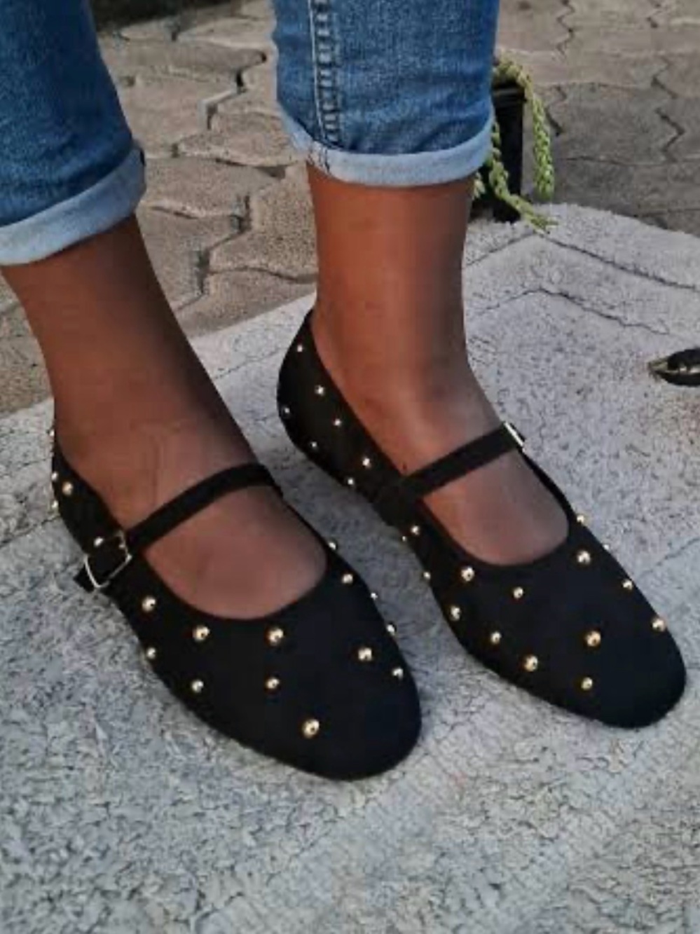 Zara Brown Leather Suede Gold Studded Stylish Ballerina Flat Shoes Size: 40